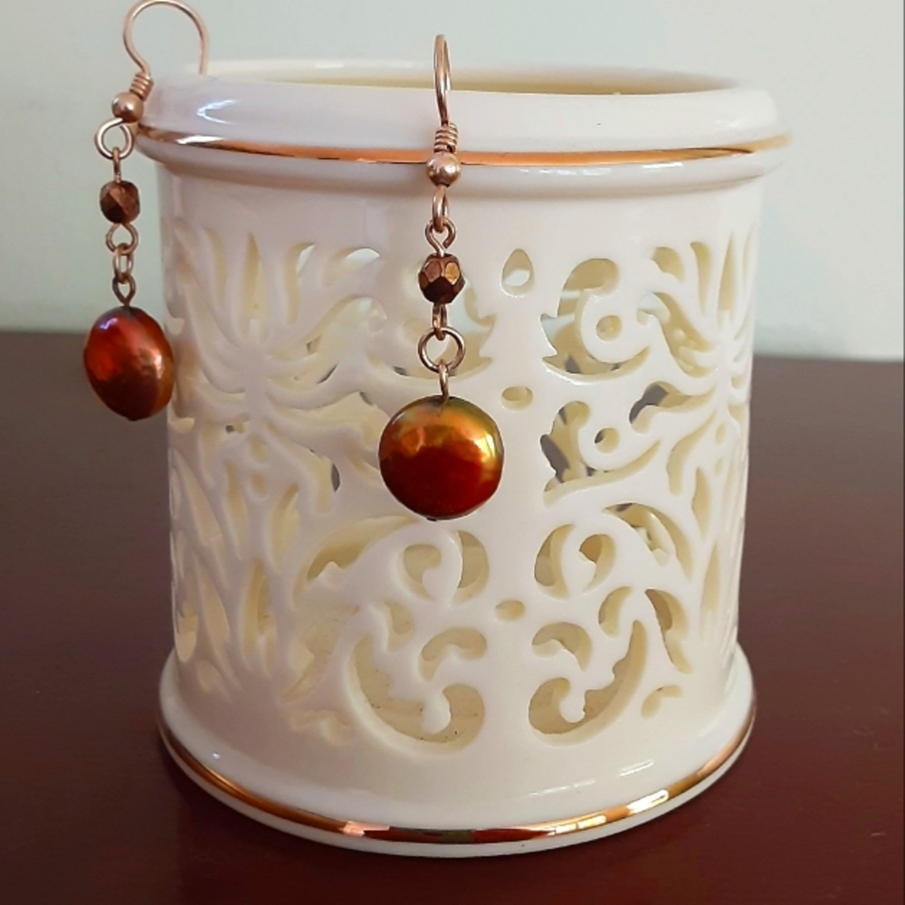 Vintage hammered copper sphere moon drop earrings pierced ears women's
